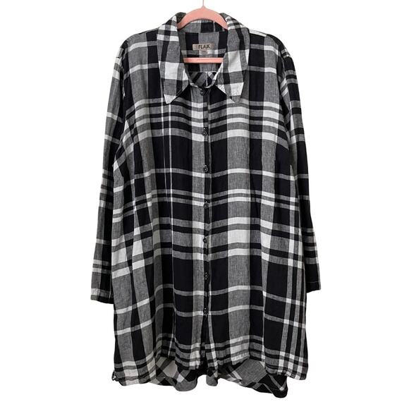 Flax Shirt Dress Womens 2G 22-24 Black White Linen Plaid Flannel Mini Pockets - Picture 1 of 11